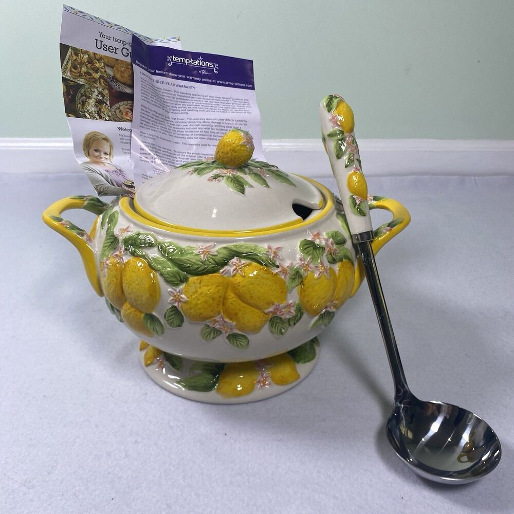 Temp-Tations by Tara 12.5” Lemon Figural Fruit Tureen 3.5 Qt With Lid Ladle